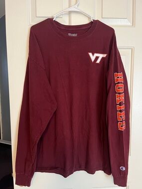 Champion Maroon VT Long Sleeve Tee with Orange Sleeve Text